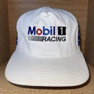 Vintage Mobil 1 Racing Striped White Snapback Cap Mesh Trucker Hat USA Made